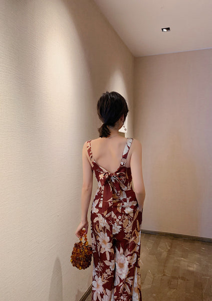 European American Style Women Retro Printed Drawstring Straight Tube One Piece Wide Leg Bodysuit Jumpsuit