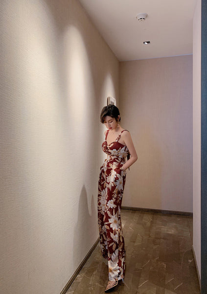 European American Style Women Retro Printed Drawstring Straight Tube One Piece Wide Leg Bodysuit Jumpsuit