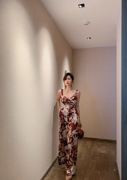 European American Style Women Retro Printed Drawstring Straight Tube One Piece Wide Leg Bodysuit Jumpsuit