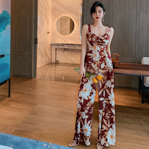 European American Style Women Retro Printed Drawstring Straight Tube One Piece Wide Leg Bodysuit Jumpsuit