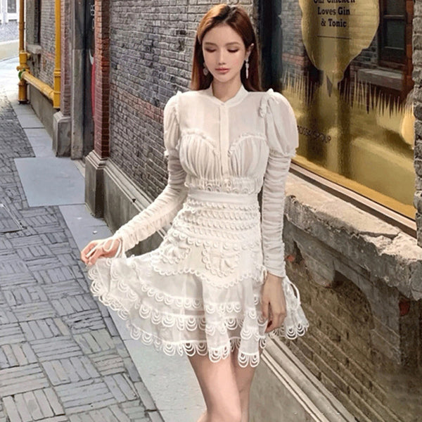 Round Neck Cake Lace Embroidery Long Sleeve Chiffon White Dress