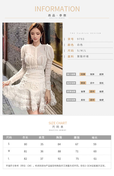 Round Neck Cake Lace Embroidery Long Sleeve Chiffon White Dress