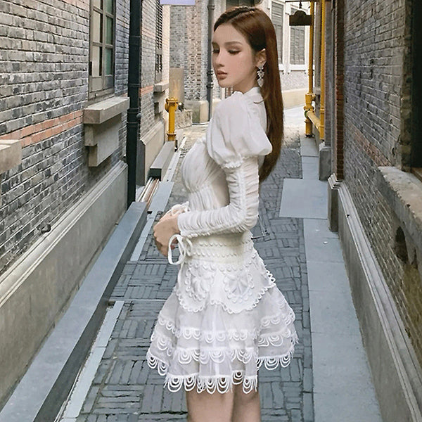 Round Neck Cake Lace Embroidery Long Sleeve Chiffon White Dress