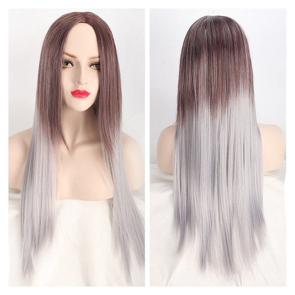 Women's Long Straight Full Wig Heat Resistant Hair Brown Ombre Grey Party Wigs