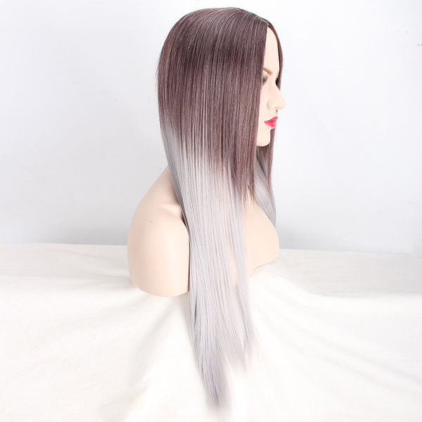Women's Long Straight Full Wig Heat Resistant Hair Brown Ombre Grey Party Wigs