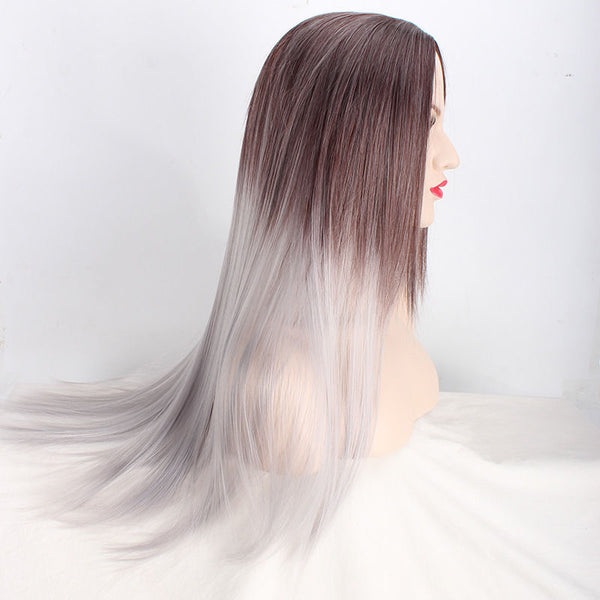 Women's Long Straight Full Wig Heat Resistant Hair Brown Ombre Grey Party Wigs