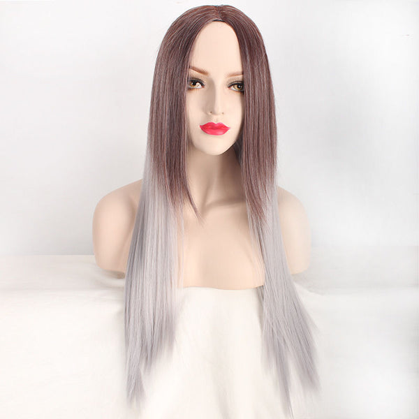 Women's Long Straight Full Wig Heat Resistant Hair Brown Ombre Grey Party Wigs