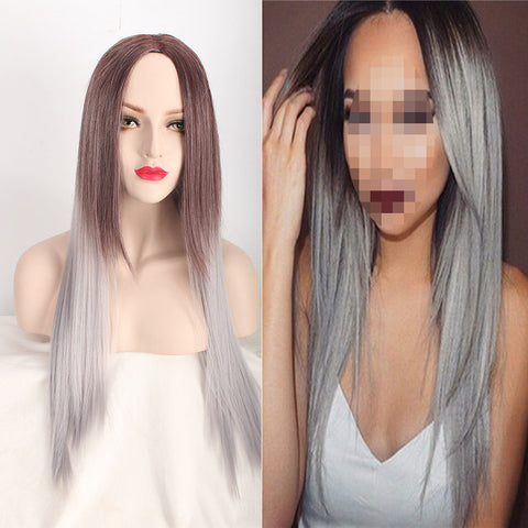 Women's Long Straight Full Wig Heat Resistant Hair Brown Ombre Grey Party Wigs