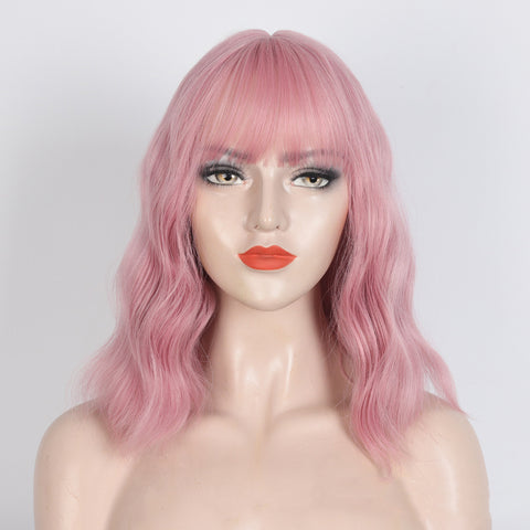 Fashion Women Wig Pink Curly Wavy Shoulder Length Hair Cosplay Costume Full Wigs