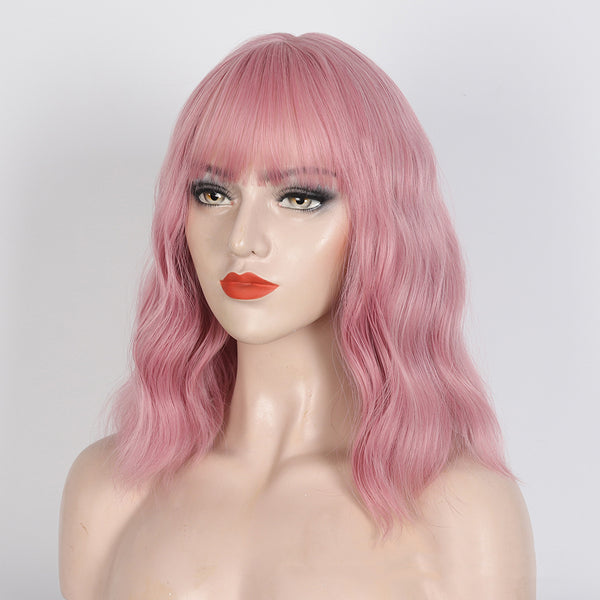 Fashion Women Wig Pink Curly Wavy Shoulder Length Hair Cosplay Costume Full Wigs