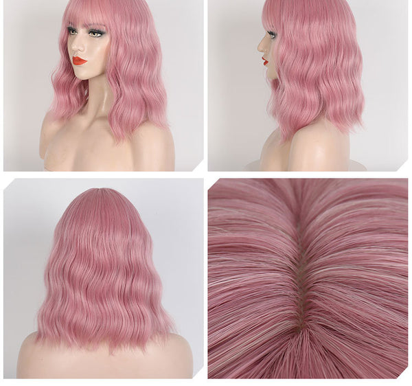 Fashion Women Wig Pink Curly Wavy Shoulder Length Hair Cosplay Costume Full Wigs