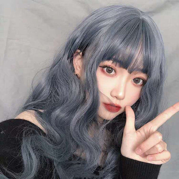 Cute Sweet Women blue gray Long Wave Curly Hair Full Headgear Fashion Head Wigs