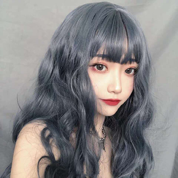 Cute Sweet Women blue gray Long Wave Curly Hair Full Headgear Fashion Head Wigs