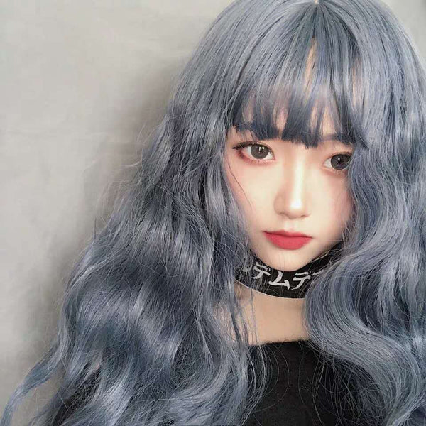 Cute Sweet Women blue gray Long Wave Curly Hair Full Headgear Fashion Head Wigs