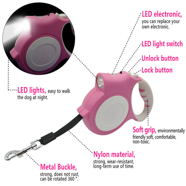 5 Meter Retractable Night Safety Dog Lead Light Extendable Puppy Auto Leash Belt