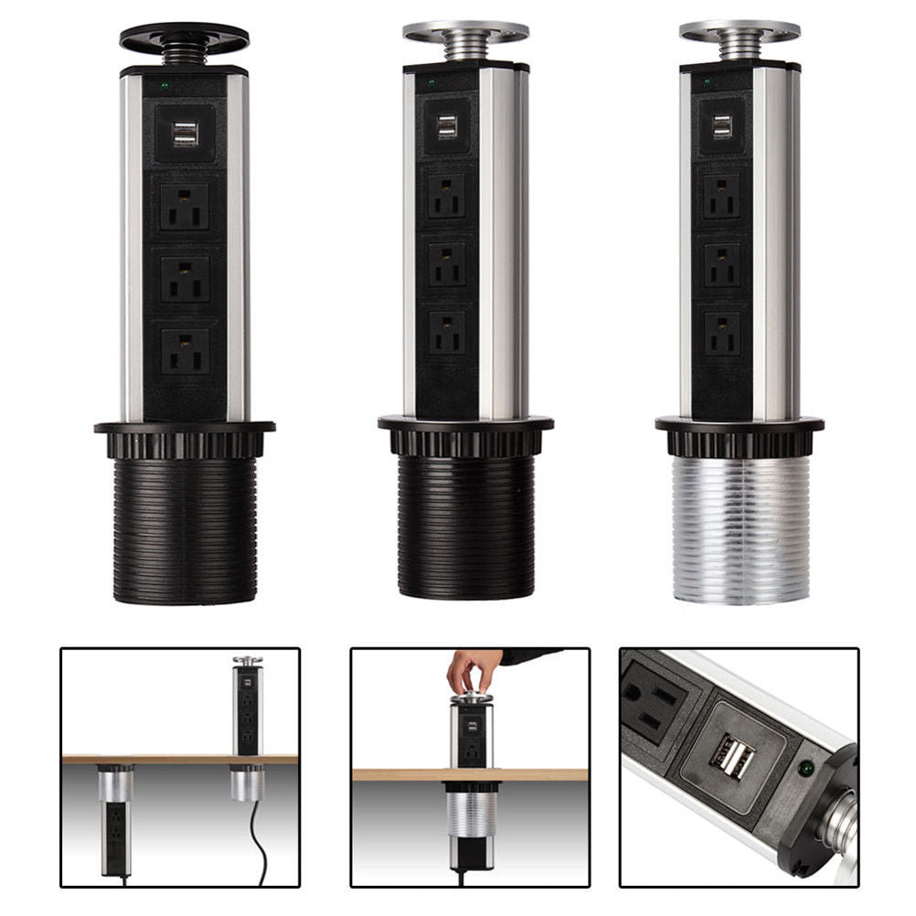 Pull Pop Up Power Outlet 5 US Plug 2 USB Socket Kitchen Worktop Desk USB Sockets