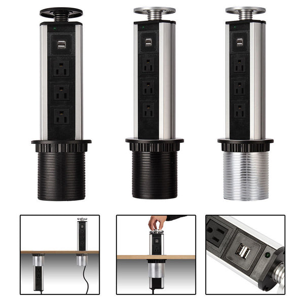 Pull Pop Up Power Outlet 5 US Plug 2 USB Socket Kitchen Worktop Desk USB Sockets