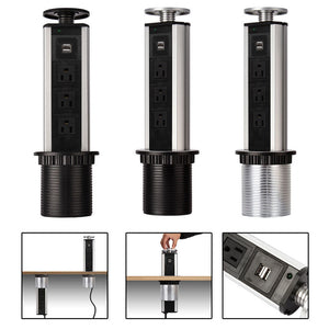 Pull Pop Up Power Outlet 5 US Plug 2 USB Socket Kitchen Worktop Desk USB Sockets