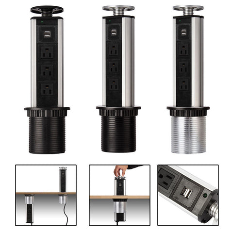 Pull Pop Up Power Outlet 5 US Plug 2 USB Socket Kitchen Worktop Desk USB Sockets