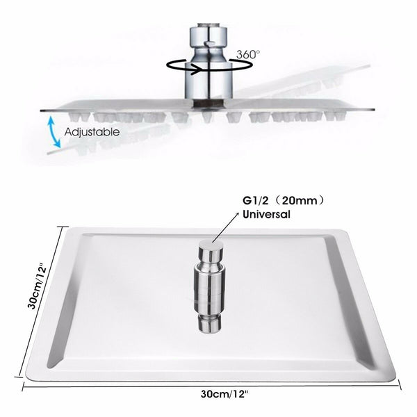 12" Square Stainless Steel Rain Bath Shower Head Rainfall Bathroom Top Sprayer
