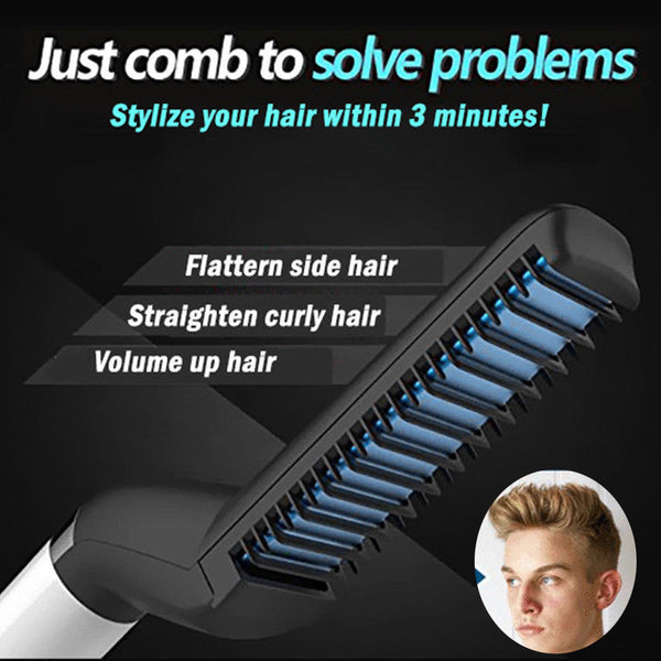 Men Curly Straight Hair Styling Curler Straightener Iron Quick Hair Styler Comb