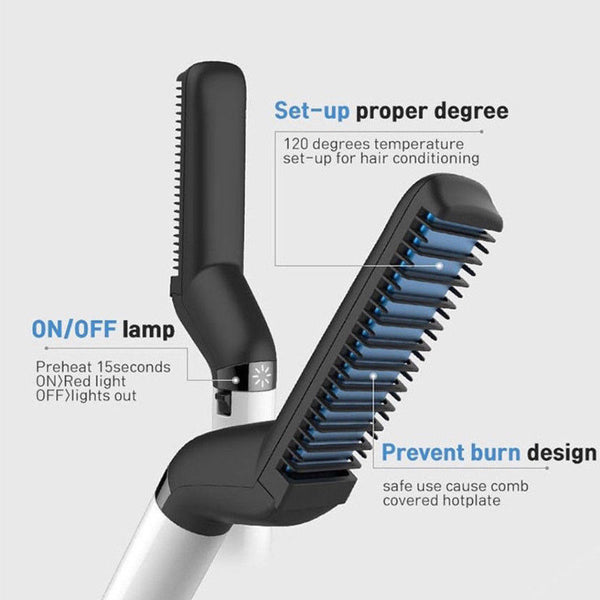Men Curly Straight Hair Styling Curler Straightener Iron Quick Hair Styler Comb