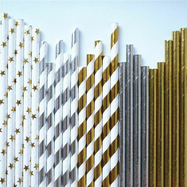 Silver Star Foil Striped Paper Straws Paper Straws Silver Foil Strip