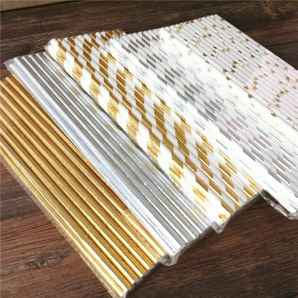 Silver Star Foil Striped Paper Straws Paper Straws Silver Foil Strip