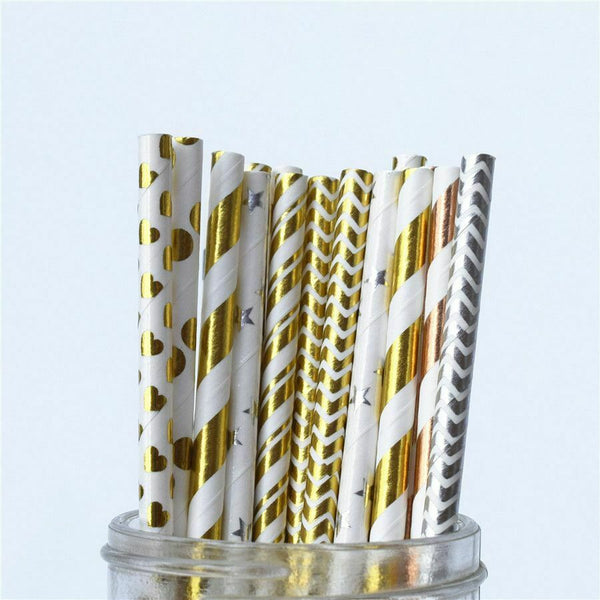 Silver Star Foil Striped Paper Straws Paper Straws Silver Foil Strip