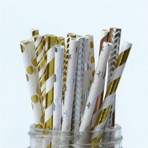 Silver Star Foil Striped Paper Straws Paper Straws Silver Foil Strip