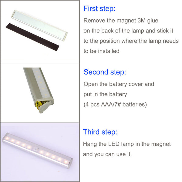 12 LED PIR Portable Wireless Motion Sensor Closet Cabinet Night Light Lamp Stick