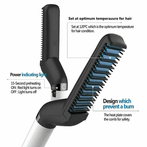 Men Heat Quick Hair Beard Straightener Comb Electric Flat Curling Curler Brush