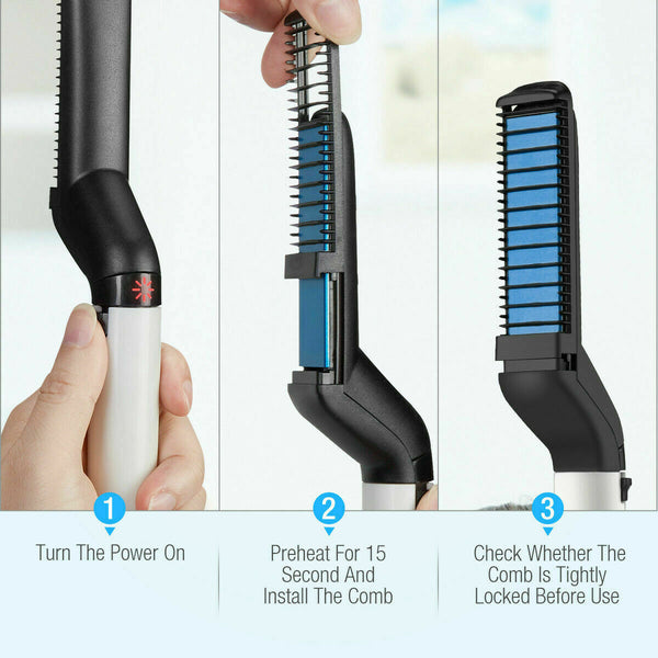 Men Heat Quick Hair Beard Straightener Comb Electric Flat Curling Curler Brush