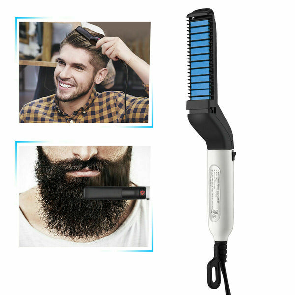 Men Heat Quick Hair Beard Straightener Comb Electric Flat Curling Curler Brush