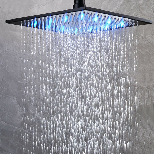 12" Black Bath Shower Faucet Brass Rainfall Head Combo Massage Jets Tub Filler