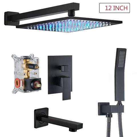 12" Black Bath Shower Faucet Brass Rainfall Head Combo Massage Jets Tub Filler