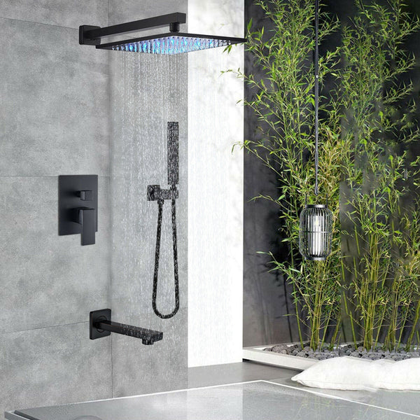 12" Black Bath Shower Faucet Brass Rainfall Head Combo Massage Jets Tub Filler