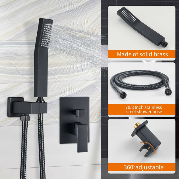 12" Black Bath Shower Faucet Brass Rainfall Head Combo Massage Jets Tub Filler