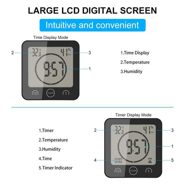 Digital LCD Count Down Timer Temperature Humidity Waterproof Wall Shower Clock