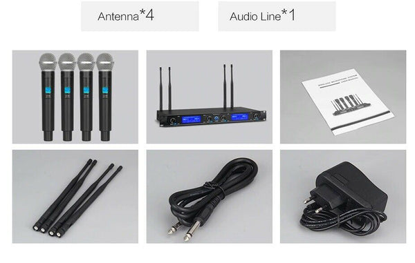 4 Channel Wireless Microphone Handheld Dynamic Mic Pro Audio UHF Karaoke Party