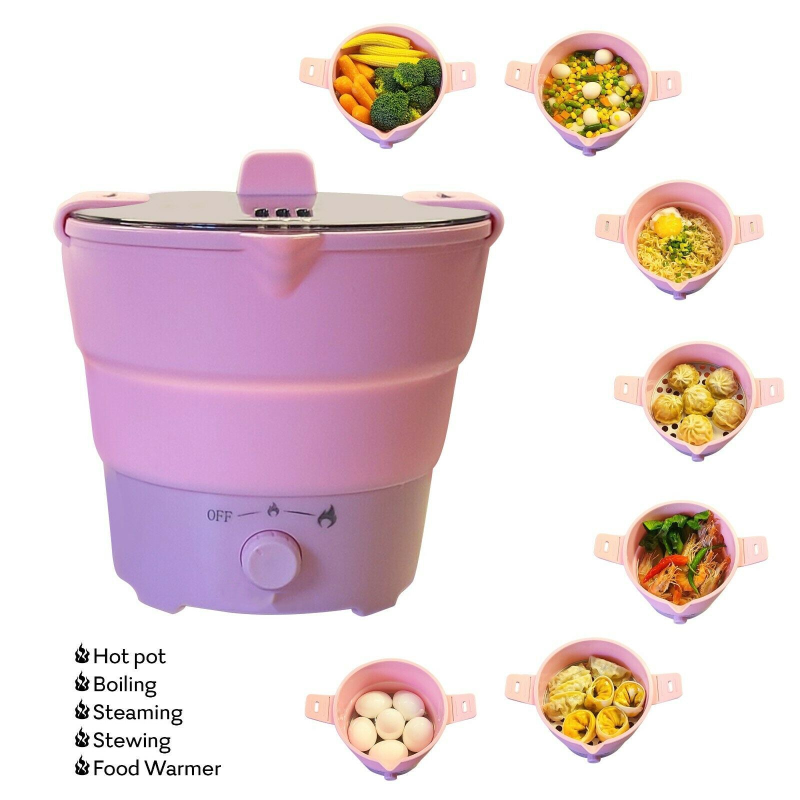 Pink Foldable Mini Electric Hot Pot Silicone Portable Travel Hotel Rice Cooker