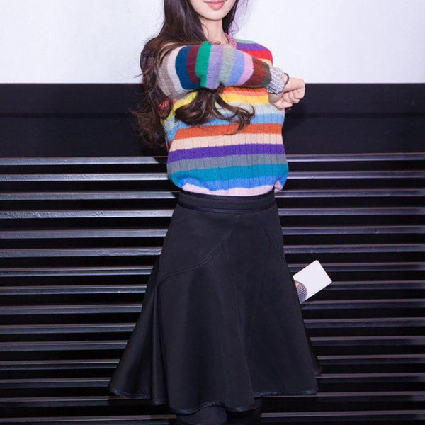 Rib Rainbow Stripe Knitted Sweater Jumper Pullover Loose Cardigan Pull Over Top