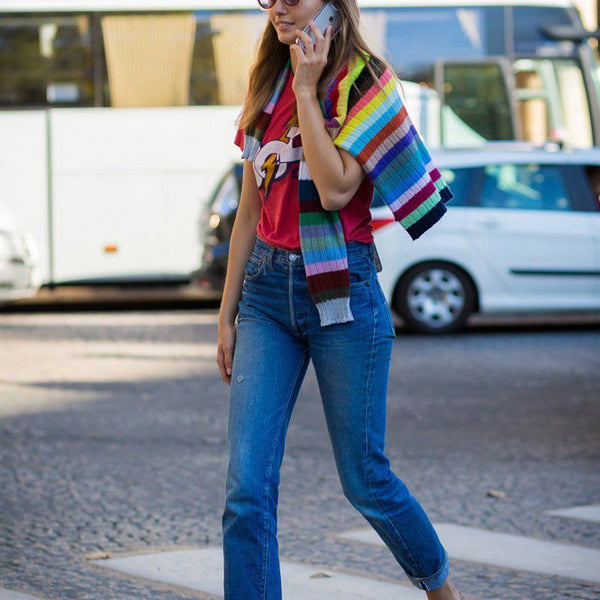 Rib Rainbow Stripe Knitted Sweater Jumper Pullover Loose Cardigan Pull Over Top