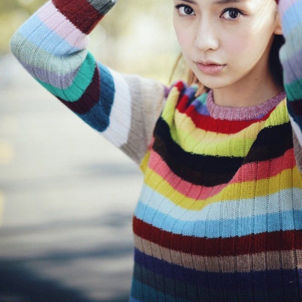 Rib Rainbow Stripe Knitted Sweater Jumper Pullover Loose Cardigan Pull Over Top