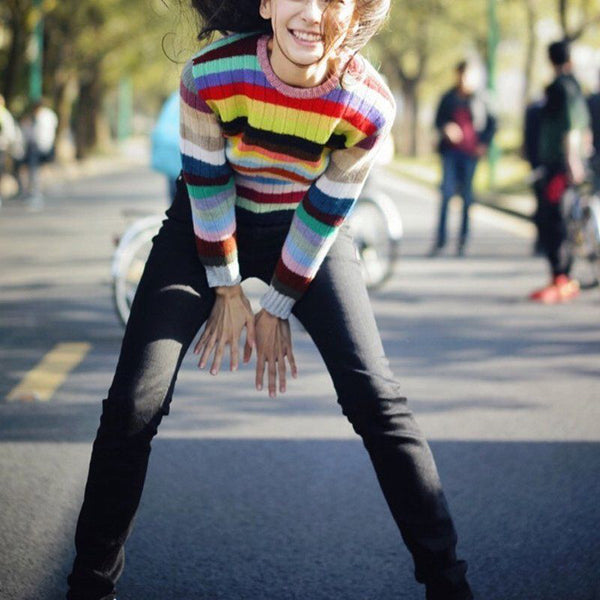 Rib Rainbow Stripe Knitted Sweater Jumper Pullover Loose Cardigan Pull Over Top