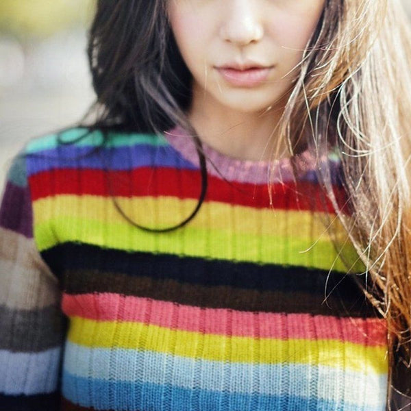 Rib Rainbow Stripe Knitted Sweater Jumper Pullover Loose Cardigan Pull Over Top