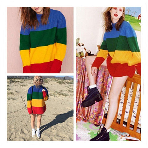 Women Oversized Baggy Knitted Sweater Rainbow Stripe Jumper Cardigan Outwear Top