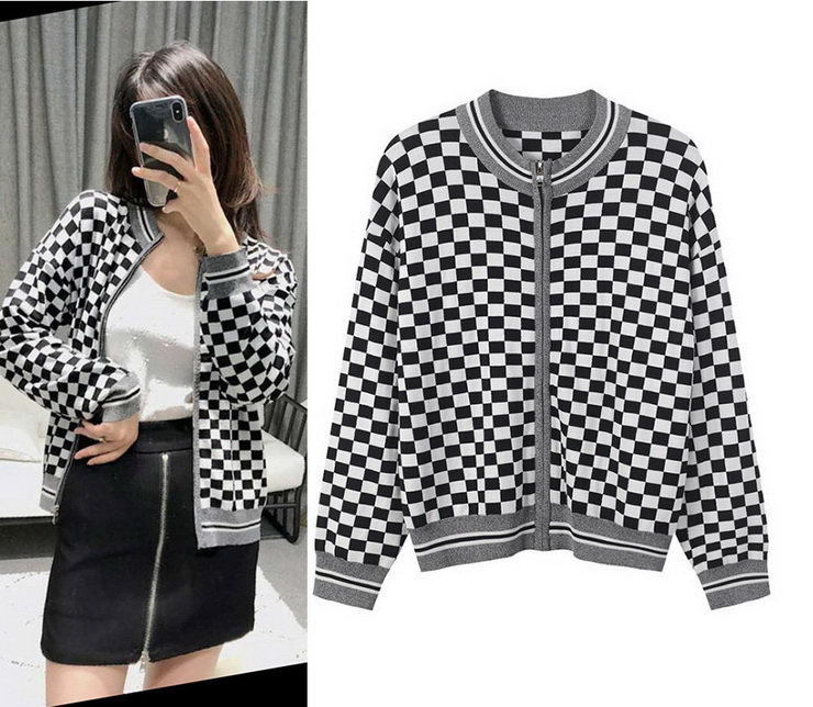 White Black Check Zipper Knitted Sweater Cardigan Runway Occident