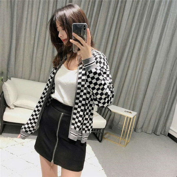 White Black Check Zipper Knitted Sweater Cardigan Runway Occident