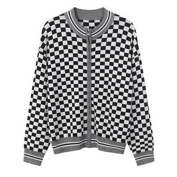 White Black Check Zipper Knitted Sweater Cardigan Runway Occident